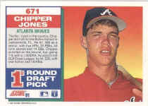 Back of 1991 Score Card number 671 Chipper Jones RC